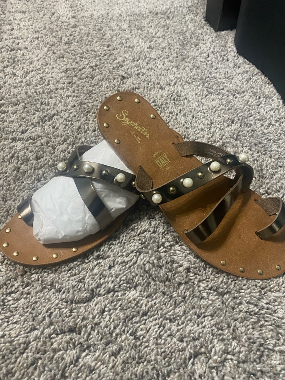 Seychelles Metallic Brown Pearl-Stud Slide Sandals